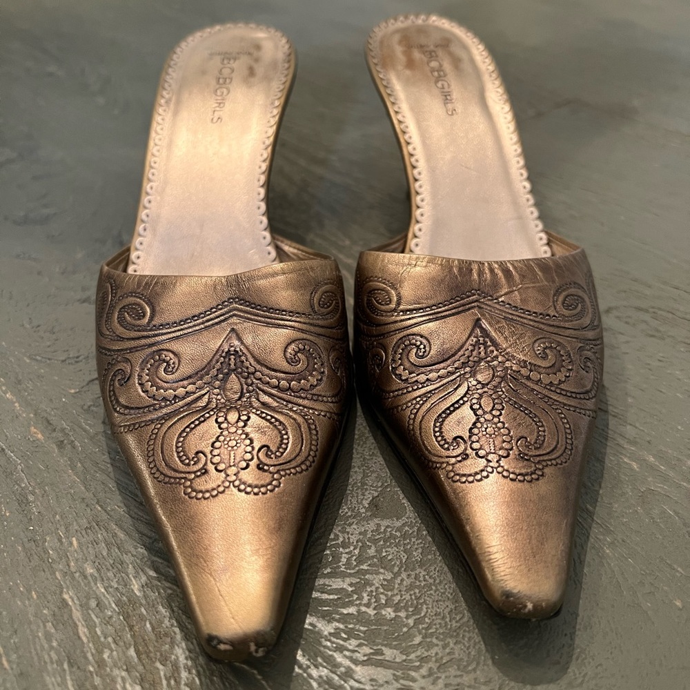 BCBGirls bronze kitten heel mules size 8.5
